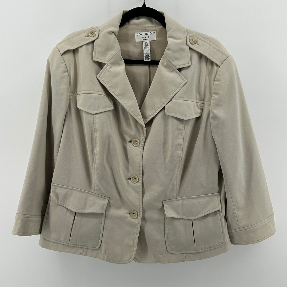 Covington Tan Military Safari Utility Jacket Blazer 18 Stretch Office Neutral